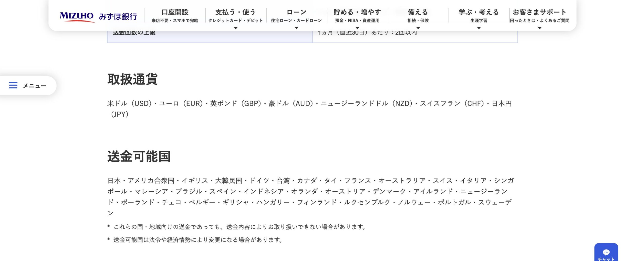 みずほダイレクトアプリの送金可能国・取扱通貨