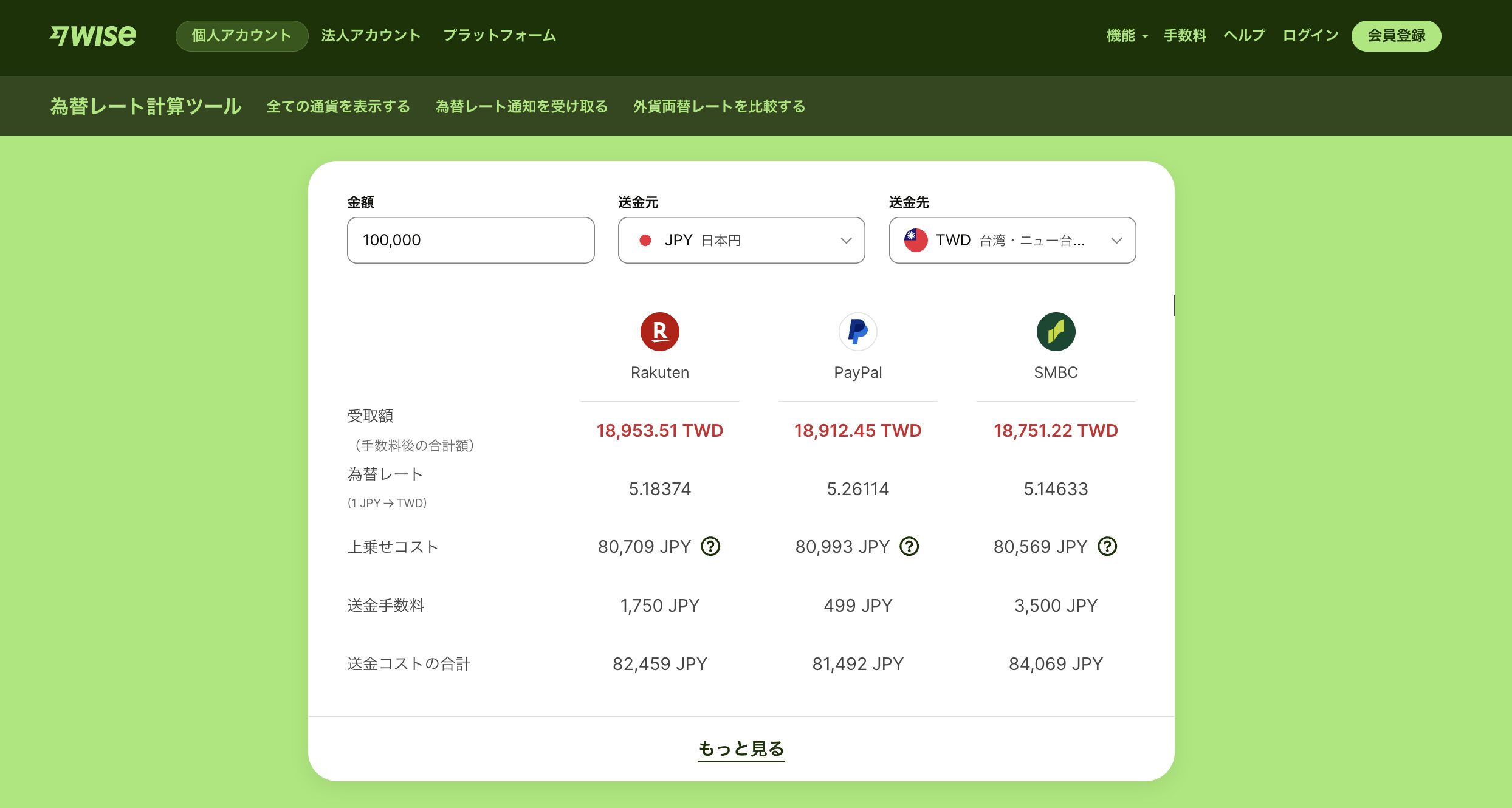 Wiseと楽天・PayPal・SMBCの100,000円→TWD送金比較